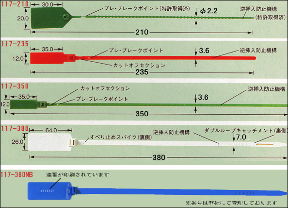 セキュリティワイヤー・封かん・封印の種類および型番です。封緘・留め具